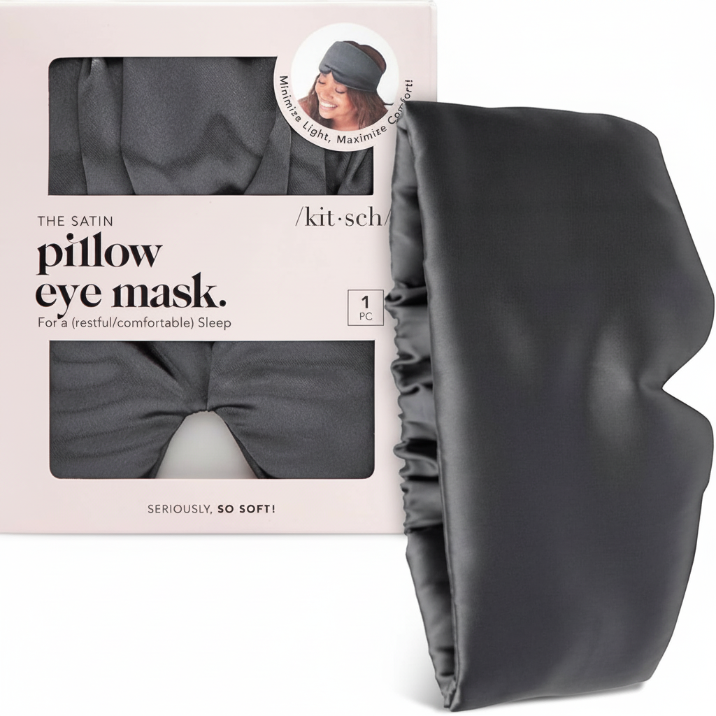 Opaska do spania Kitsch The Pillow Eye Mask z satyny w kolorze węglowym w eleganckim opakowaniu od ellemania