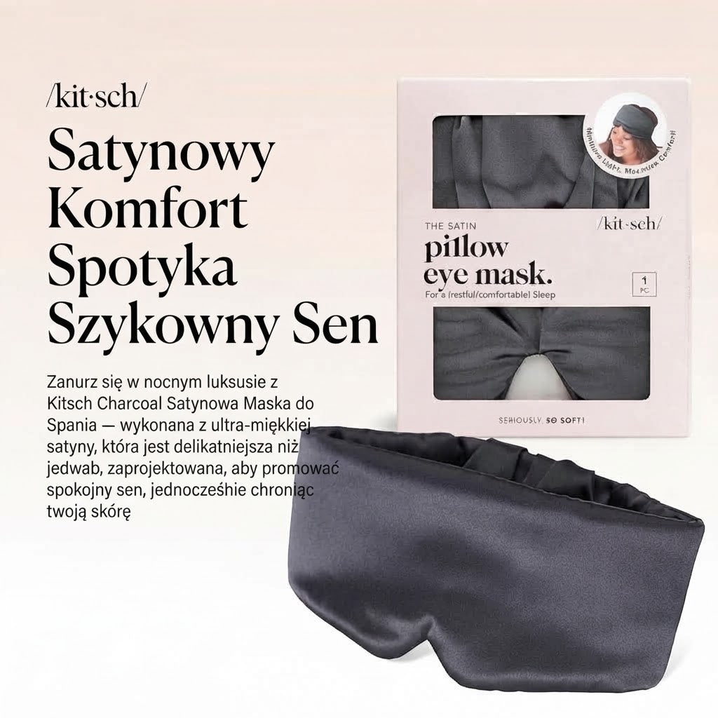 Ellemania Kitsch satynowa opaska do spania w kolorze węglowym z opakowaniem, zapewniająca komfortowy sen.