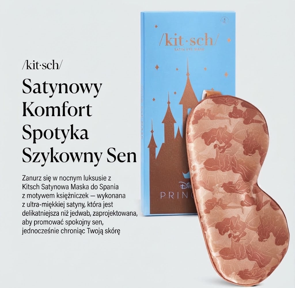 ellemania Kitsch satynowa opaska na oczy do spania w kolorze różowym z motywem księżniczek Disneya