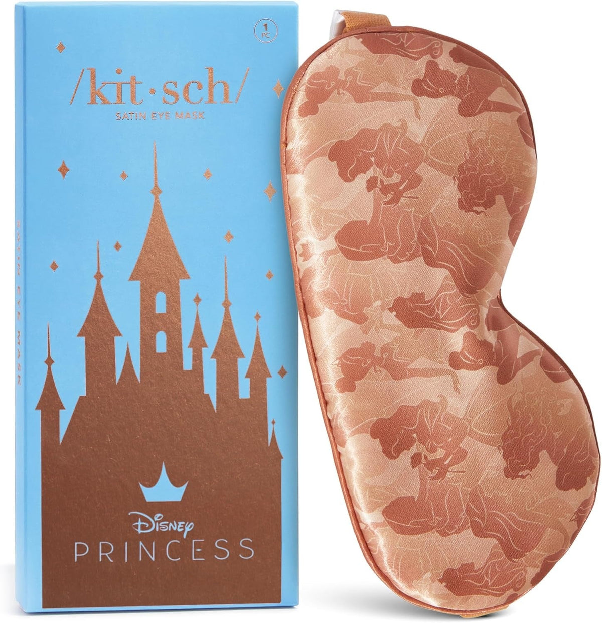 Satynowa opaska na oczy Kitsch Disney Princess w kolorze różowym obok niebieskiego opakowania z zamkiem