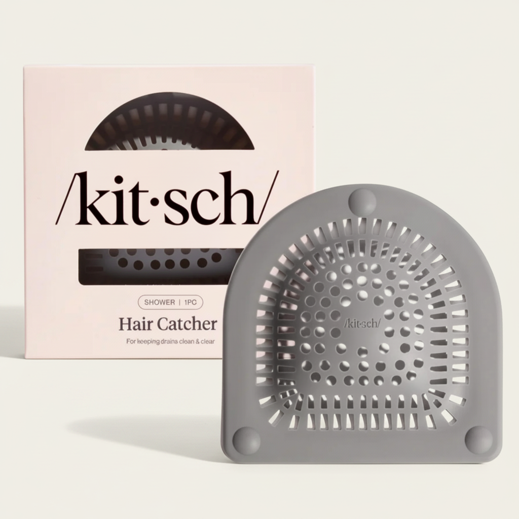 Szare silikonowe sitko do odpływu Kitsch Hair Catcher marki ellemania w opakowaniu