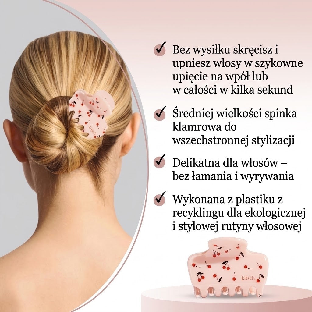 Spinka do włosów ellemania Kitsch w kształcie chmurki z nadrukiem wiśni, wykonana z recyklingowanego plastiku