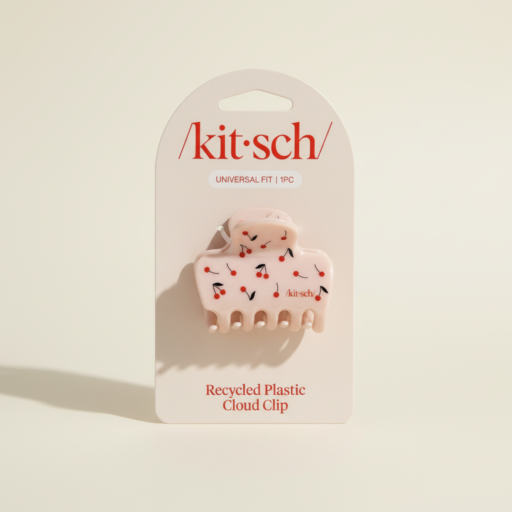Spinka do włosów ellemania Kitsch w kształcie chmurki z nadrukiem wiśni na jasnoróżowym tle, wykonana z plastiku
