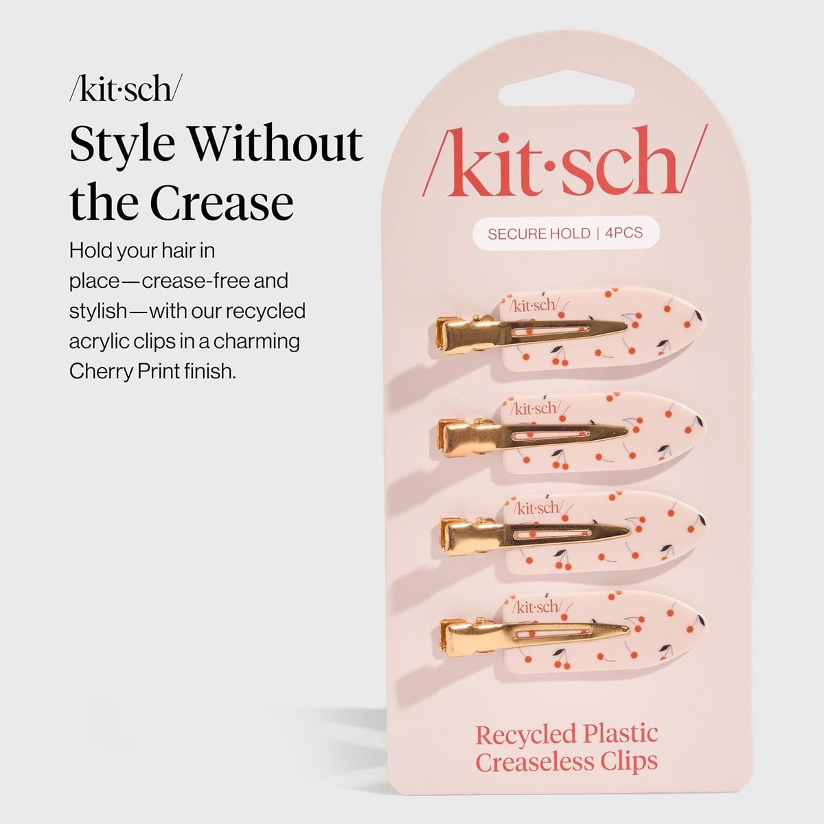 Zestaw 4 spinek do włosów Kitsch Cherry Print Creaseless Clips z motywem wisienek na jasnoróżowym opakowaniu ellemania
