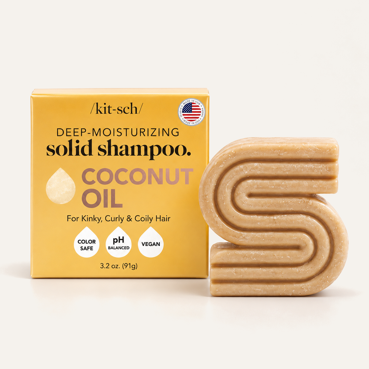 Kitsch Coconut Oil Shampoo Bar 91 g, pudełko z przodu obok szamponu w kostce | Ellemania