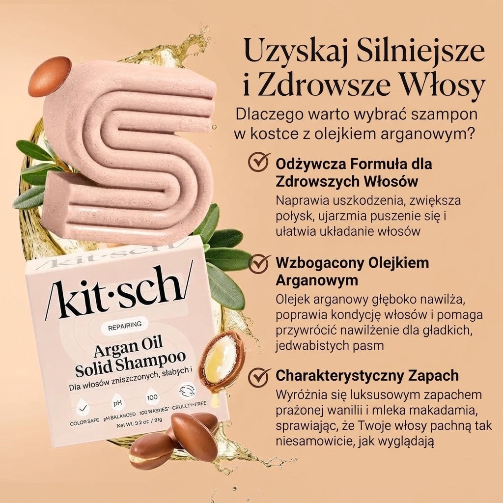 Szampon w kostce Kitsch z olejkiem arganowym w papierowym opakowaniu z grafiką orzechów arganii na beżowym tle