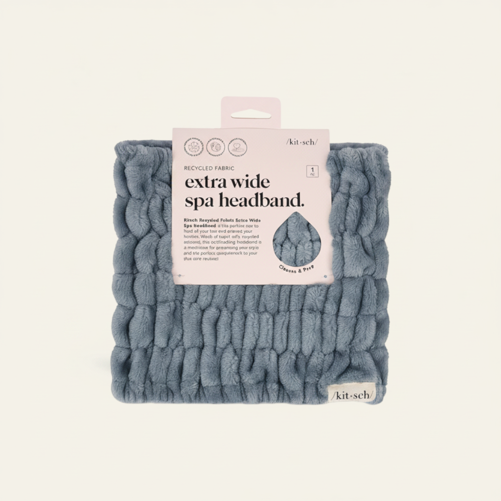 Szara opaska spa Kitsch Extra Wide z miękkiego poliestru z recyklingu w opakowaniu ellemania