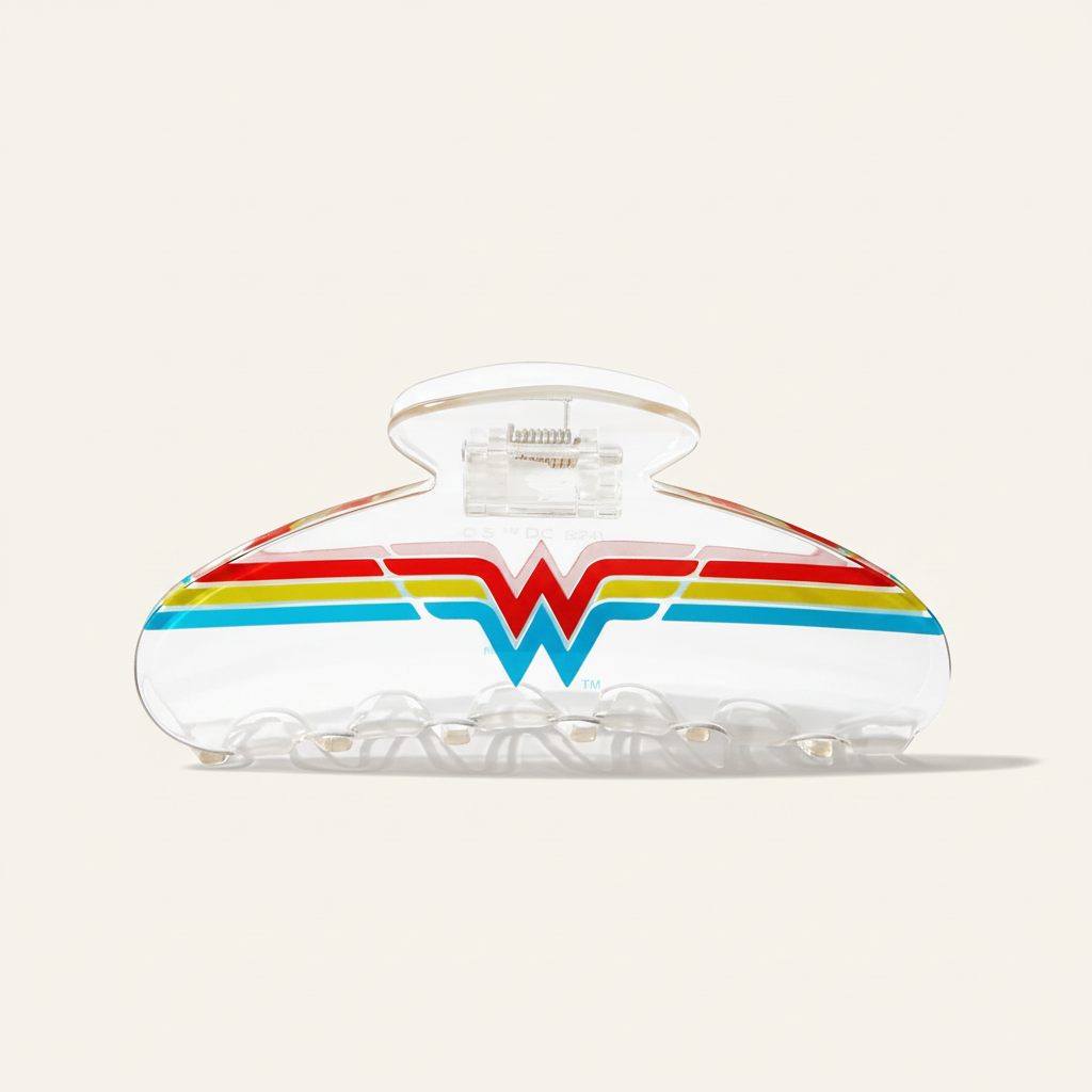 Przezroczysta spinka do włosów ellemania Kitsch x Wonder Woman z kolorowym emblematem W z przetworzonego akrylu