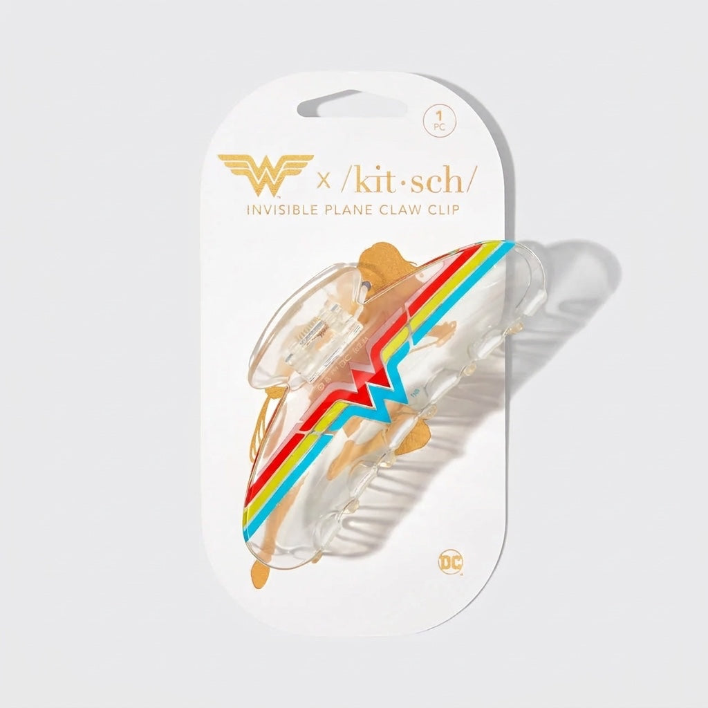 Przezroczysta spinka do włosów Kitsch x Wonder Woman z kolorowym emblematem W na opakowaniu ellemania