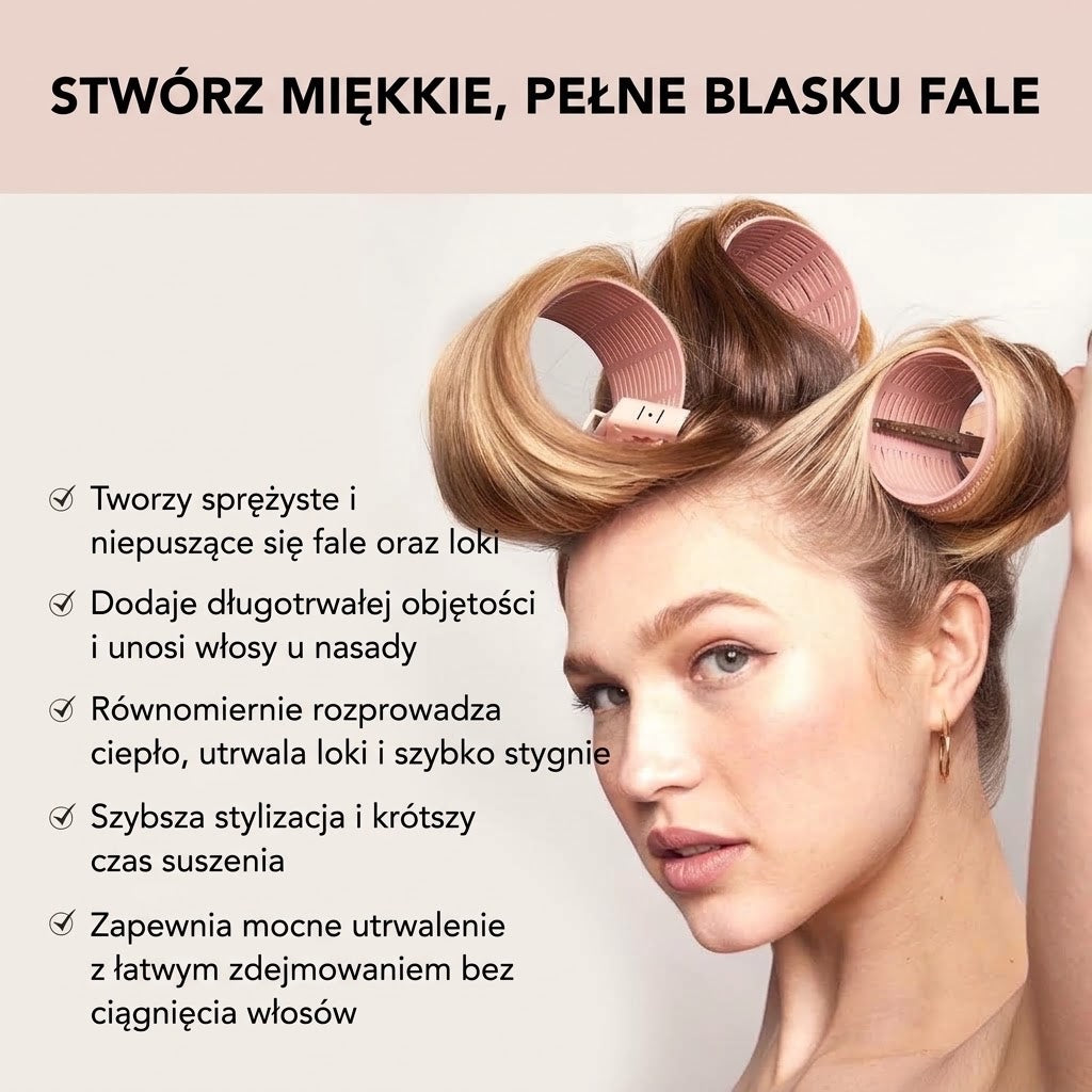 Kobieta z różowymi wałkami termicznymi Kitsch XL na włosach dla uzyskania objętości i sprężystych fal