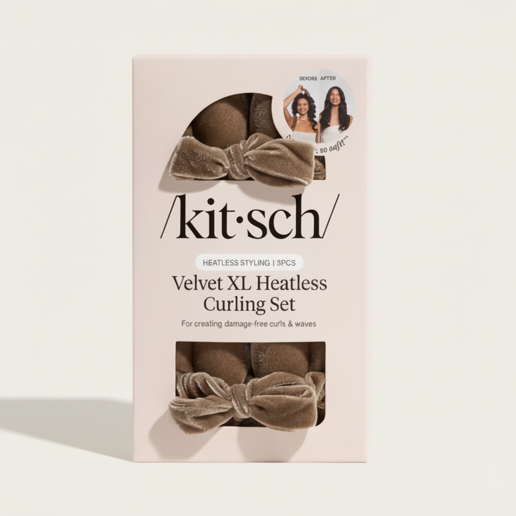 Zestaw Kitsch Velvet XL Heatless Curling Set w opakowaniu, zawierający aksamitny wałek i dwie gumki do loków bez ciepła.