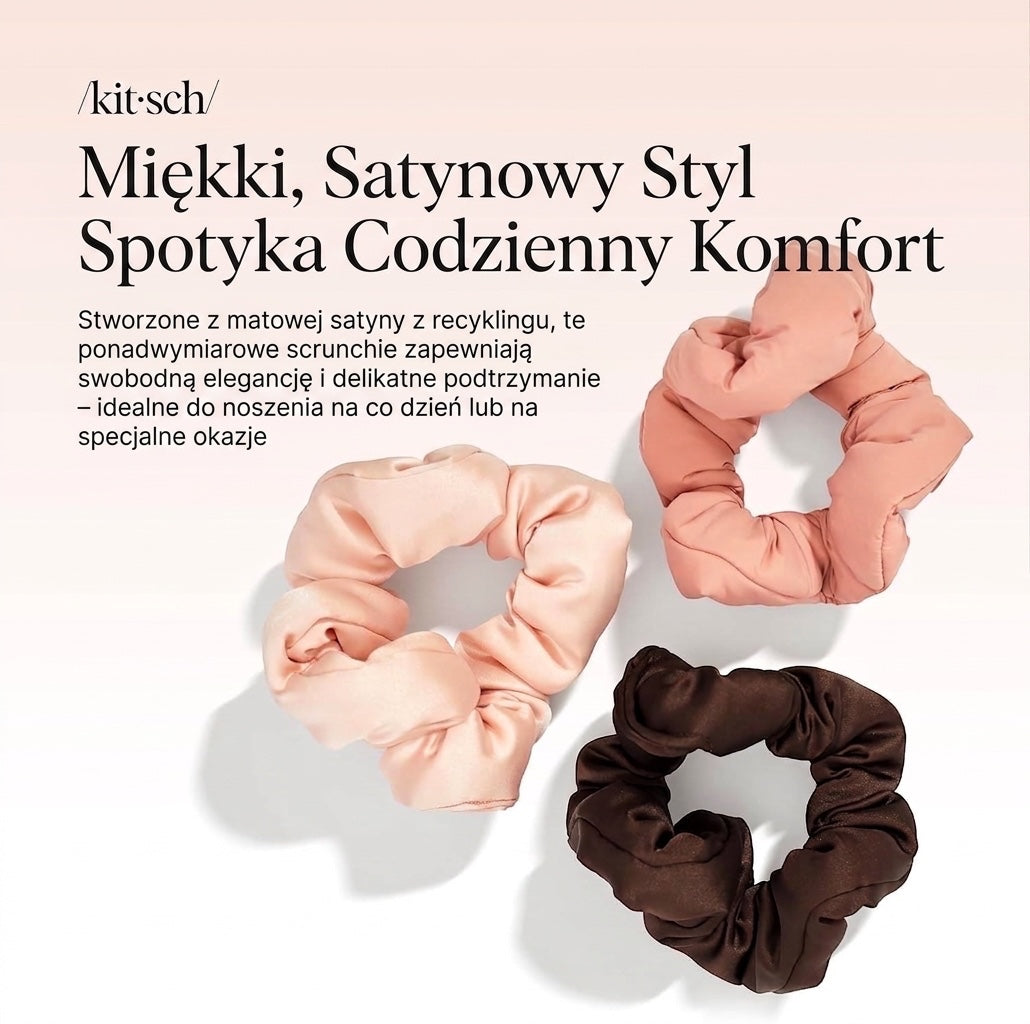 Zestaw trzech miękkich gumek do włosów Kitsch Rosewood Cloud w odcieniach różu i brązu wykonanych z satyny z recyklingu