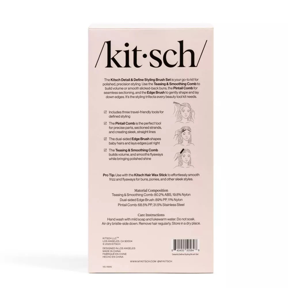 Opakowanie zestawu do stylizacji włosów Kitsch Detail & Define Styling Brush Set marki ellemania z opisem narzędzi.