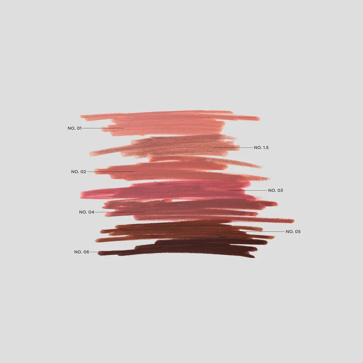 Victoria Beckham Beauty Lip Definer - zestawienie kresek odcieni od 01 do 06 na szarym tle | Ellemania