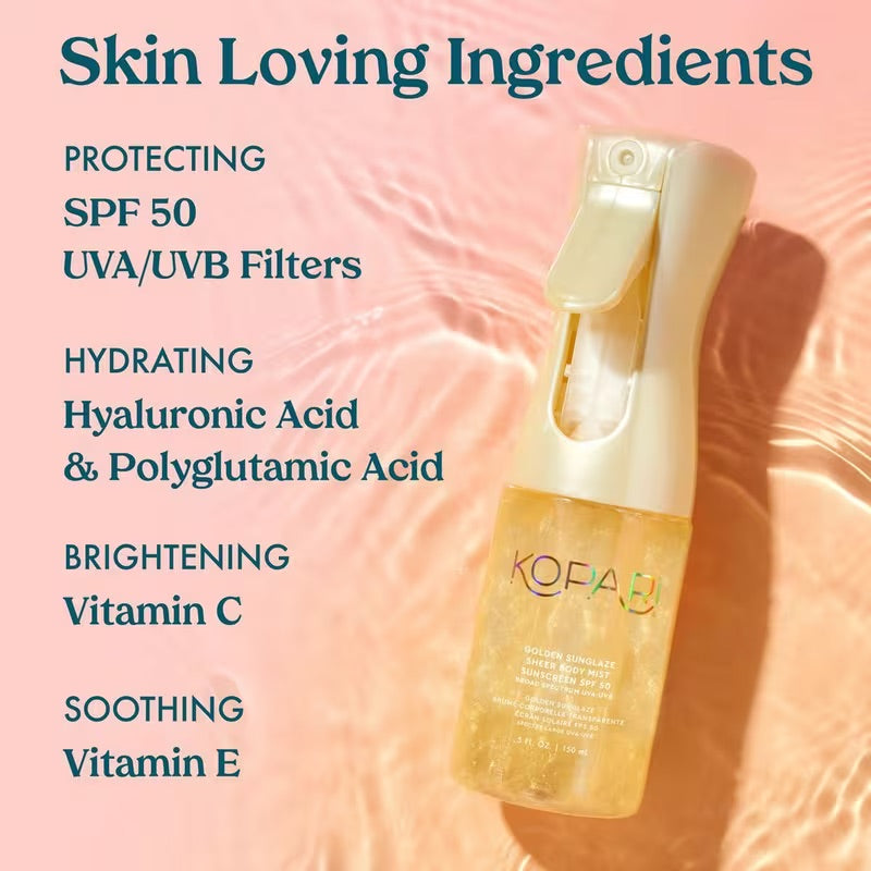 Kopari Golden Sunglaze Sheer Body Mist SPF 50 - składniki pielęgnacyjne formuły | Ellemania