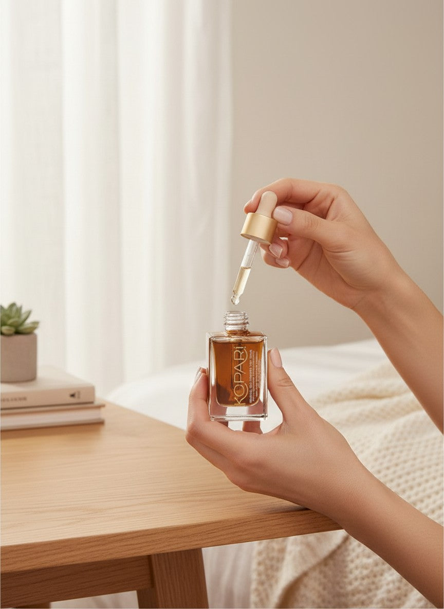 Kobieta aplikuje serum samoopalające Kopari z pipetą w szklanej buteleczce, dostępne w sklepie ellemania