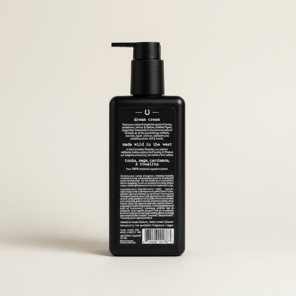 Czarna butelka z pompką kremu do ciała ellemania Routine Natural Beauty z etykietą zawierającą opis produktu