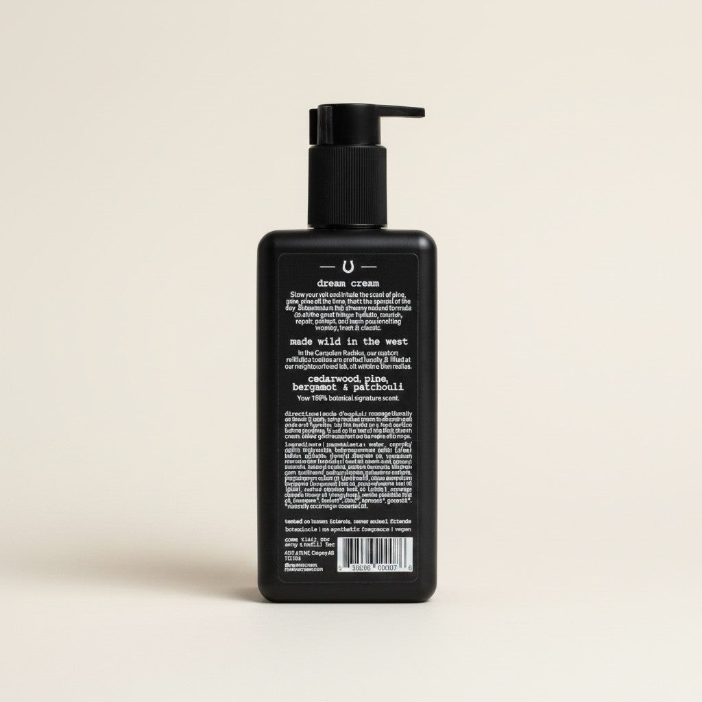 Czarna butelka z pompką Routine Natural Beauty Moisturizing Body Cream marki ellemania z etykietą zawierającą skład