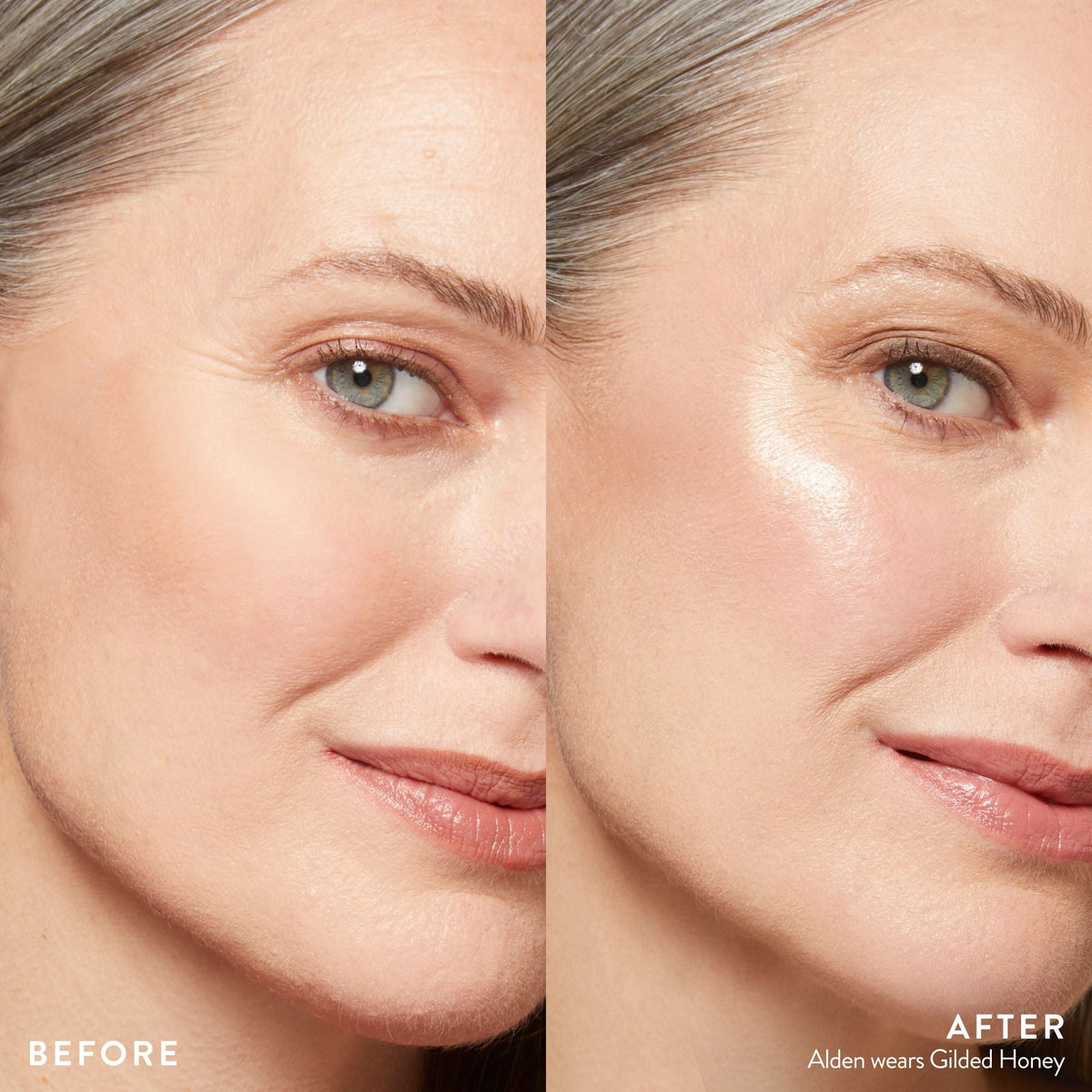 Laura Geller Baked Gelato Swirl Illuminator Gilded Honey - policzek modelki przed i po nałożeniu rozświetlacza | Ellemania