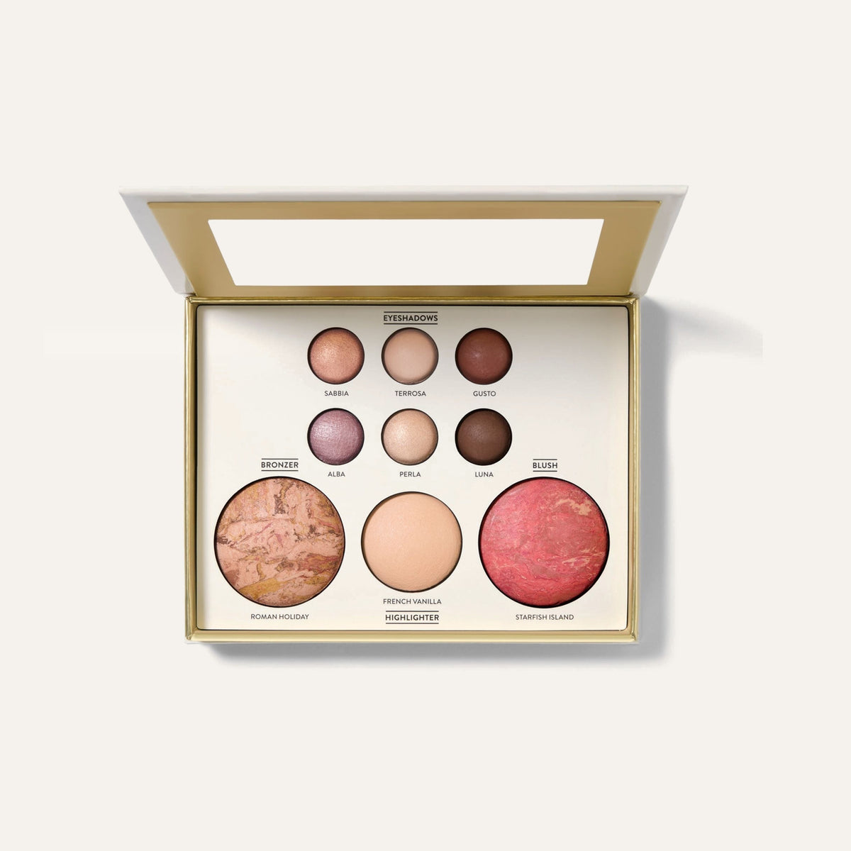 Laura Geller Best of the Best Tuscan Dreams - otwarta paleta z sześcioma cieniami, bronzerem Roman Holiday, rozświetlaczem French Vanilla i różem Starfish Island | Ellemania