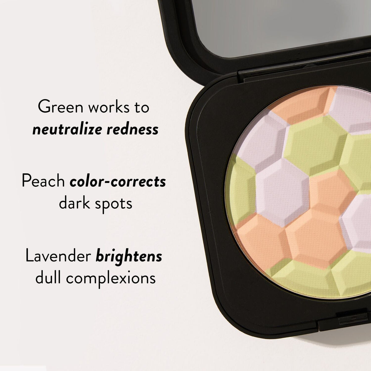 Laura Geller Filter Finish Neutralizing Setting Powder - zbliżenie na kompakt z trzema kolorami pudru: zielonym, brzoskwiniowym i lawendowym | Ellemania