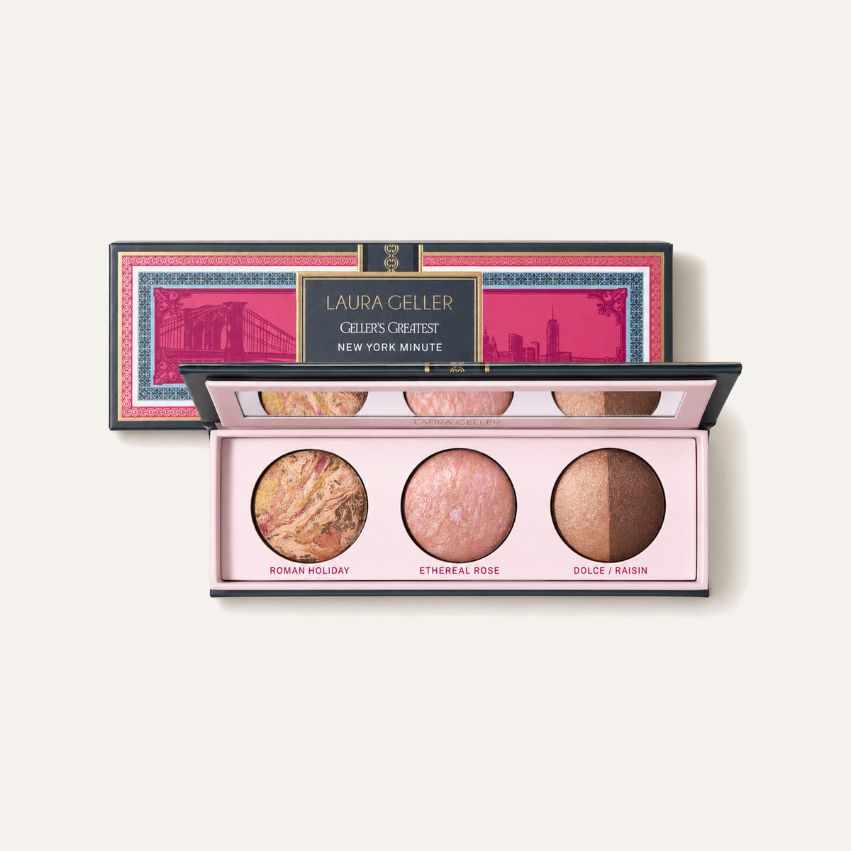 Laura Geller Geller's Greatest Baked Face & Eye Palette New York Minute 4.5 g, open palette with three baked colours and a box | Ellemania