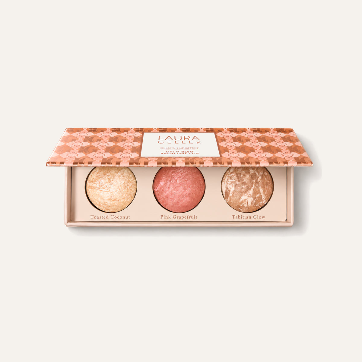Laura Geller Geller's Greatest Lift-n-Glow Baked Face Trio, open palette with three baked colours | Ellemania