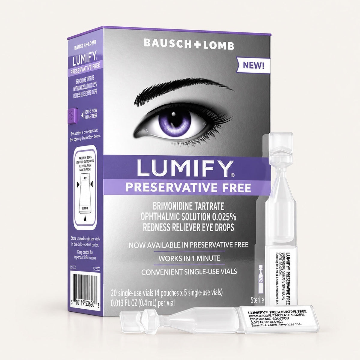 Opakowanie kropli do oczu Lumify Preservative Free marki ellemania z ampułkami jednorazowymi i grafiką oka.