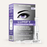 Opakowanie kropli do oczu Lumify Preservative Free marki ellemania z ampułkami jednorazowymi i grafiką oka.