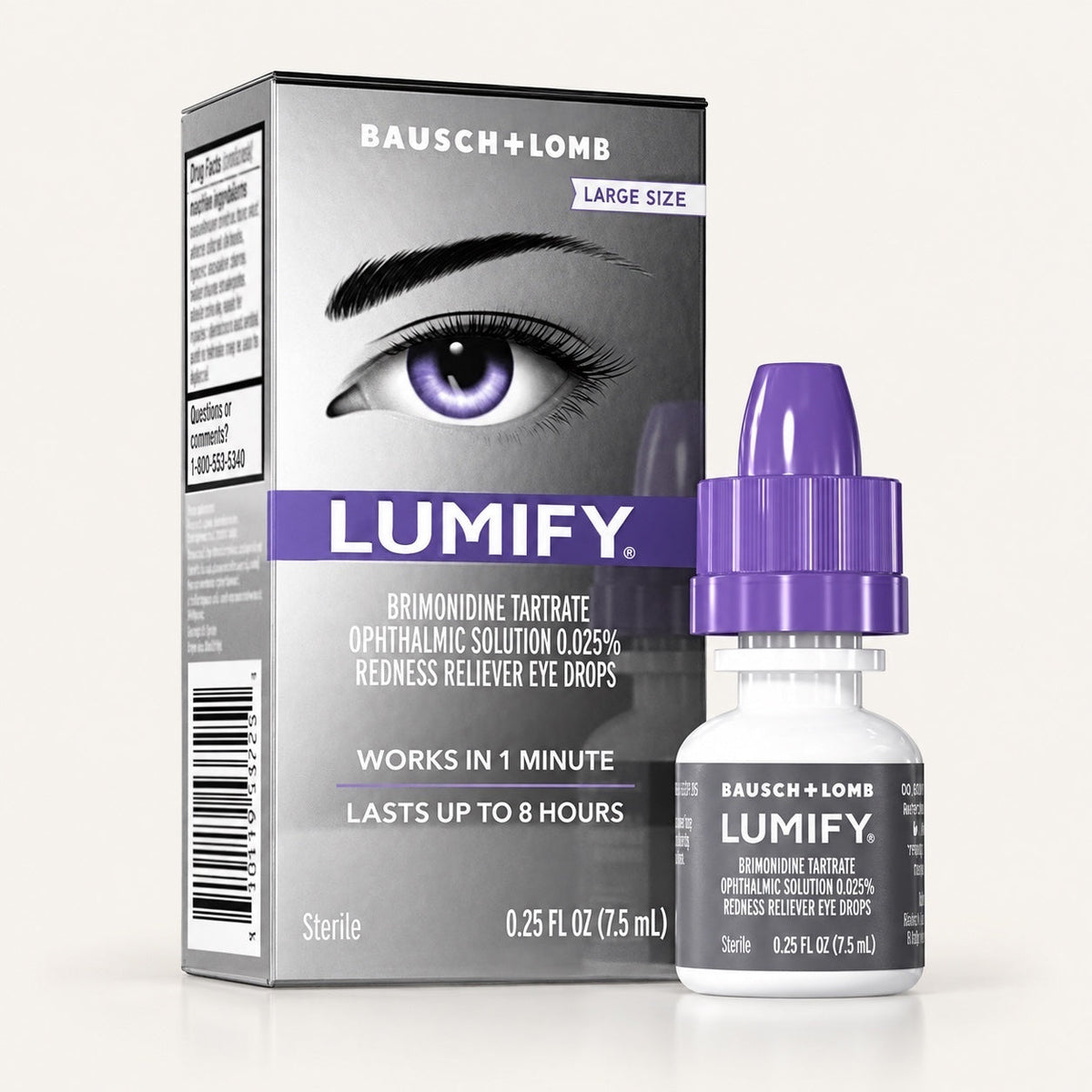 Krople do oczu Lumify od ellemania w opakowaniu z butelką, redukujące zaczerwienienie oczu z winianem brymonidyny.