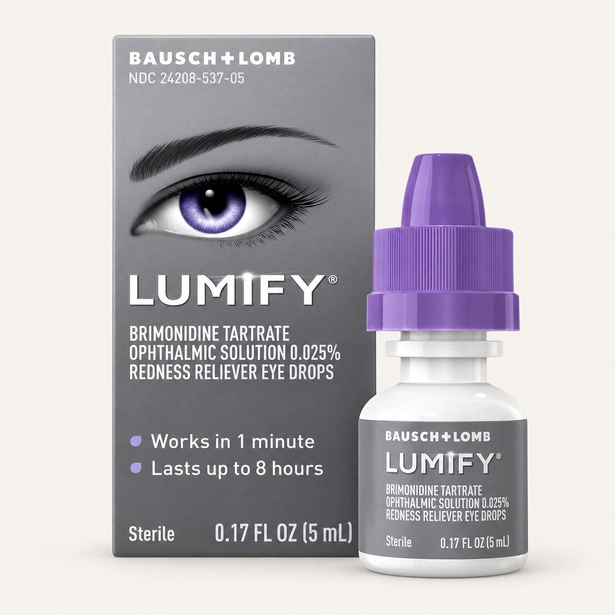 Krople do oczu Lumify od ellemania w opakowaniu z fioletową nakrętką, redukujące zaczerwienienie oczu w 1 minutę.