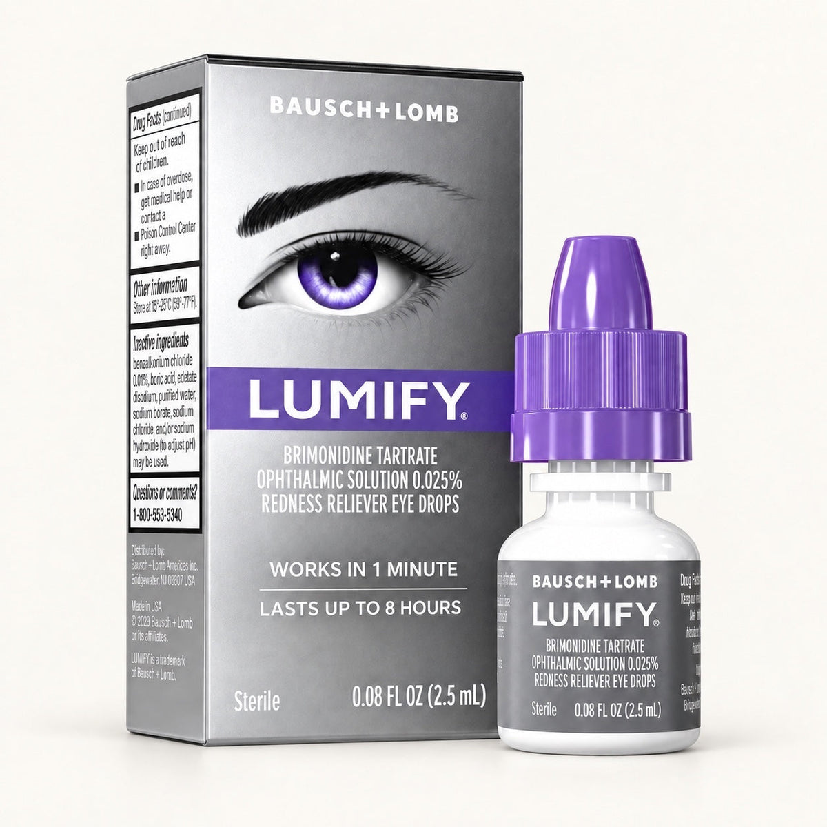 Krople do oczu Lumify od ellemania w srebrnym opakowaniu z fioletową zakrętką, redukujące zaczerwienienie oczu.