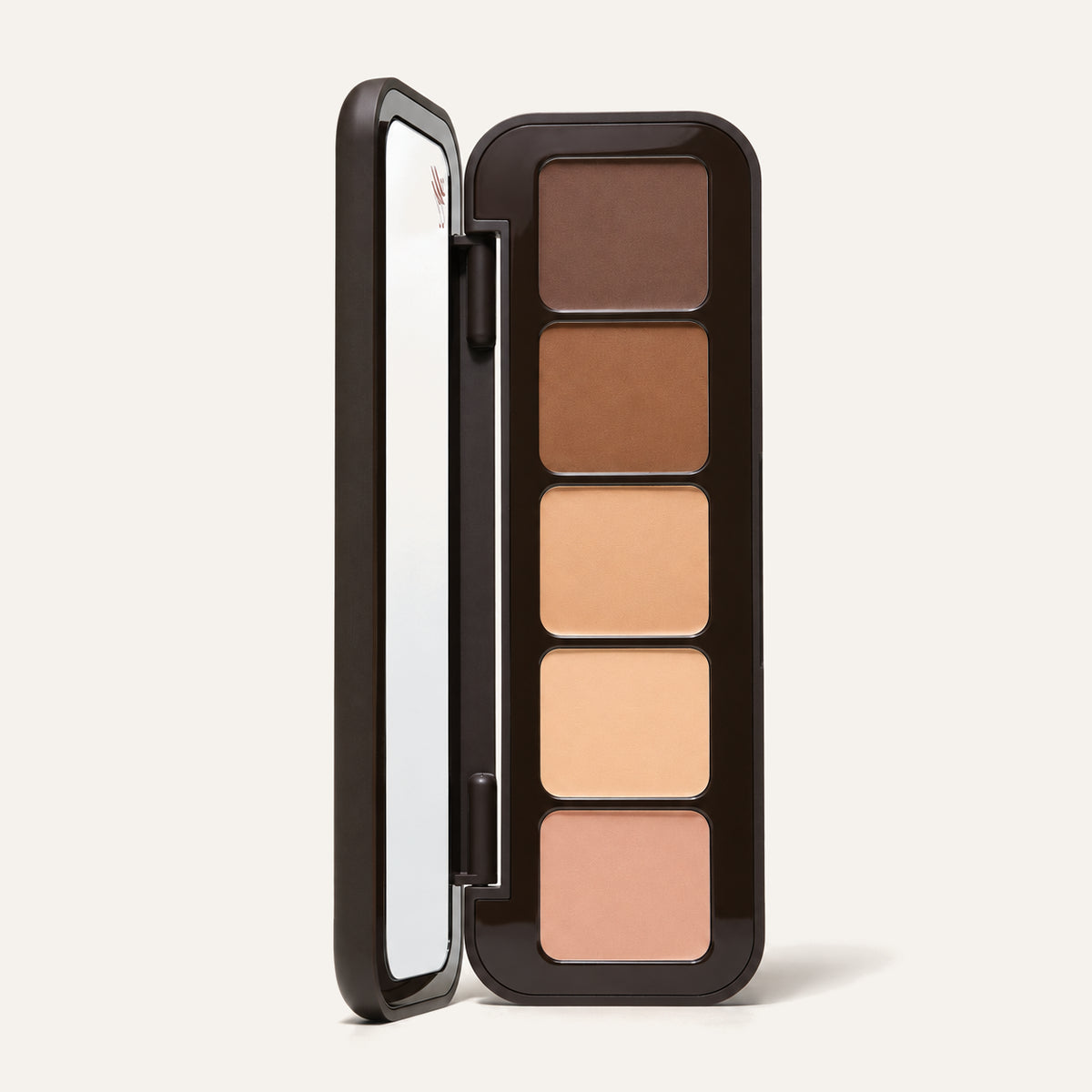 m.ph by Mary Phillips Underpainting Face Palette Medium - open palette with a mirror lid, five cream shades from dark brown to beige-pink, on a beige background | Ellemania
