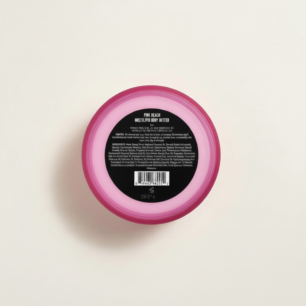 Różowy słoiczek masła do ciała ellemania Multi-Lipid Body Butter widziany od góry z etykietą składu na wieczku