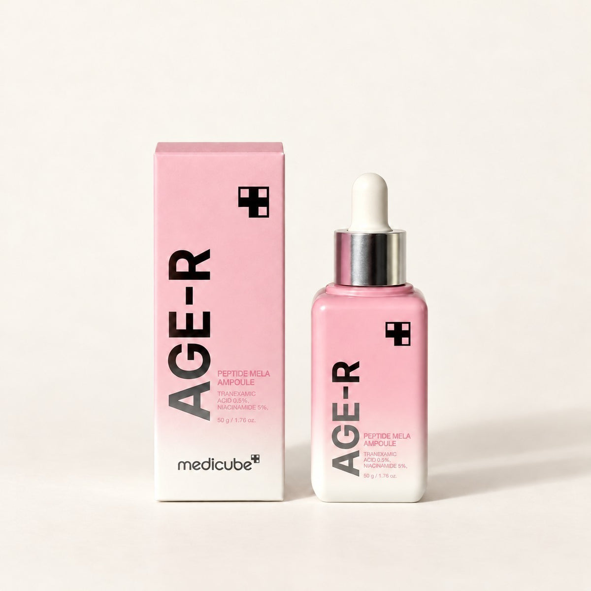 Medicube Age-R Peptide Mela Ampoule - różowe pudełko i butelka z pipetą | Ellemania