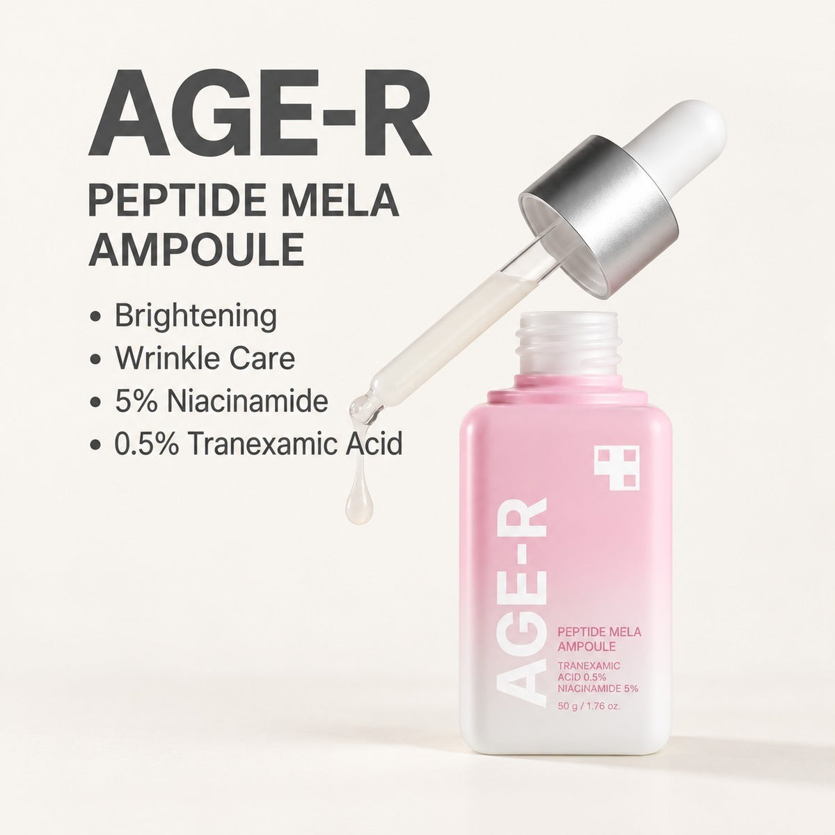 Medicube Age-R Peptide Mela Ampoule - grafika producenta z listą składników, różowa butelka z uniesioną pipetą i kroplą serum | Ellemania