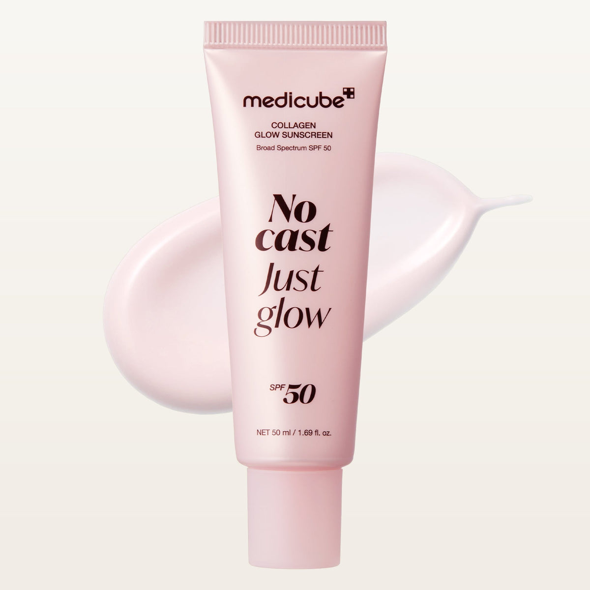 Medicube Collagen Glow Sunscreen SPF 50 - tuba kremu z próbką konsystencji | Ellemania