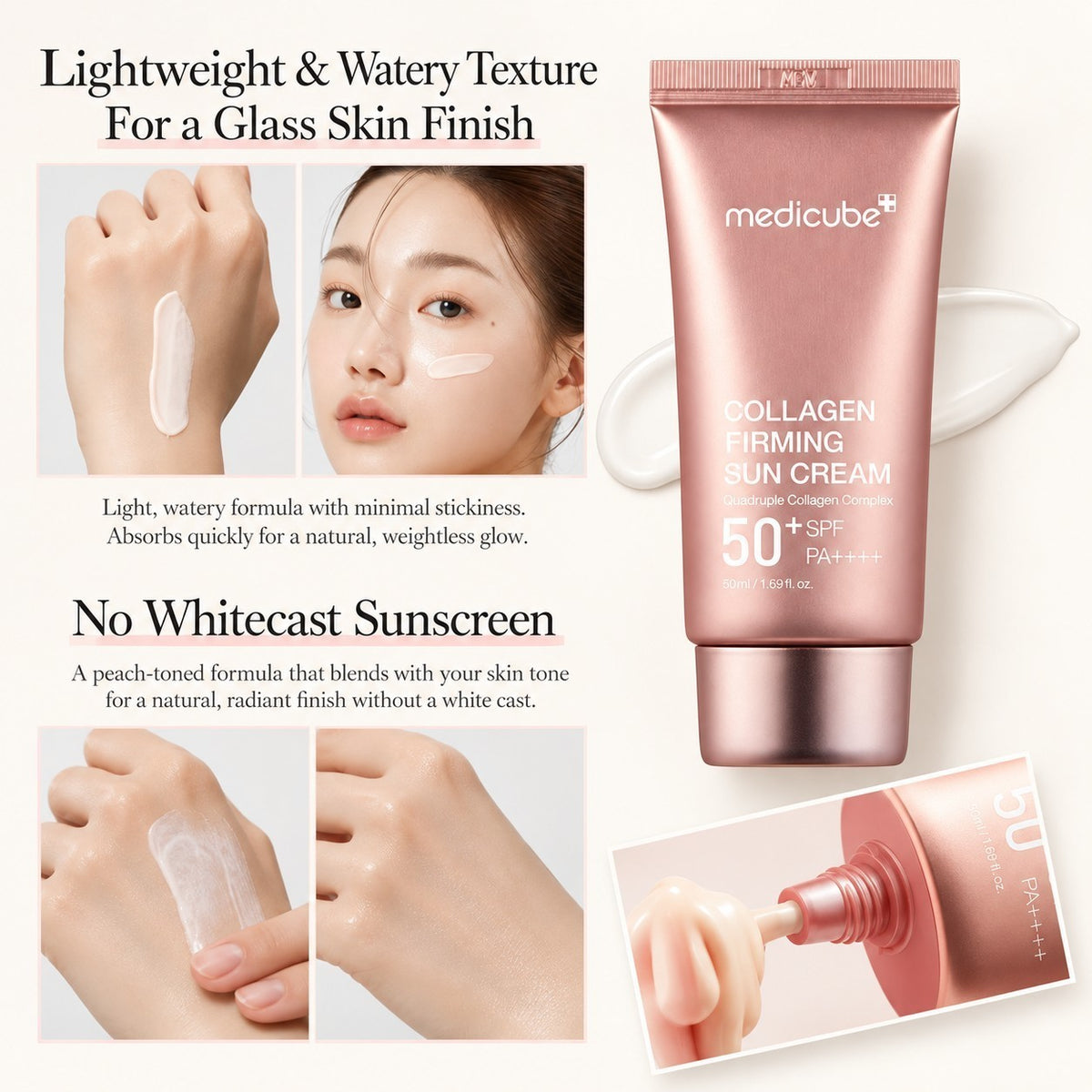 Medicube Collagen Firming Sun Cream SPF 50+ PA++++ - grafika producenta z różową tubą oraz próbkami kremu na dłoni i twarzy modelki | Ellemania