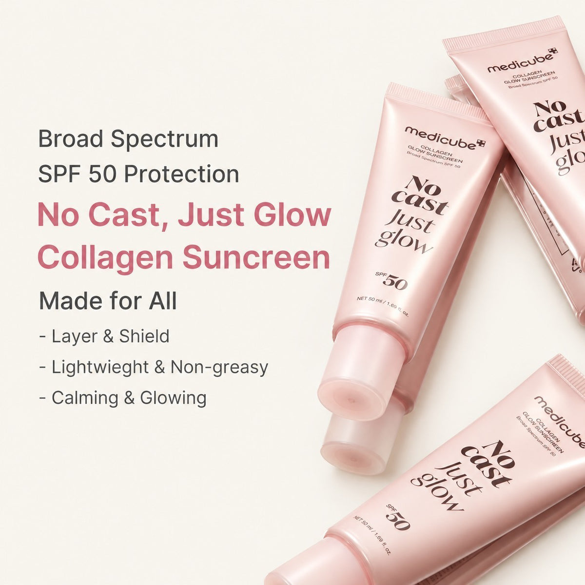 Medicube Collagen Glow Sunscreen SPF 50 - kilka różowych tub 50 ml ułożonych na jasnym tle | Ellemania