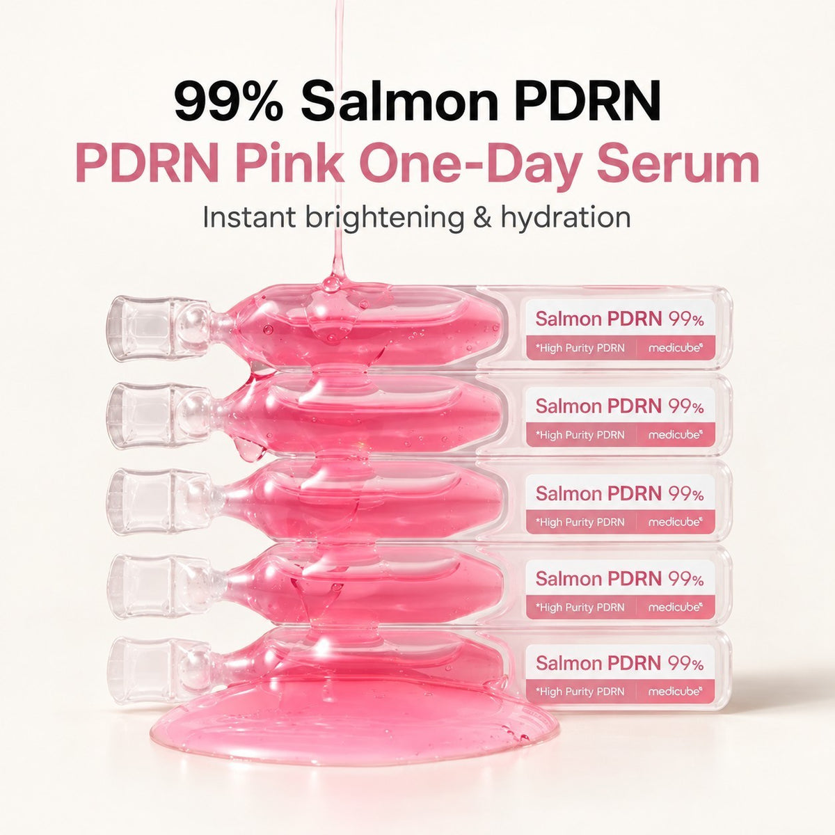 Medicube PDRN Pink One Day Serum - grafika producenta, stos różowych fiolek i wylewające się serum | Ellemania