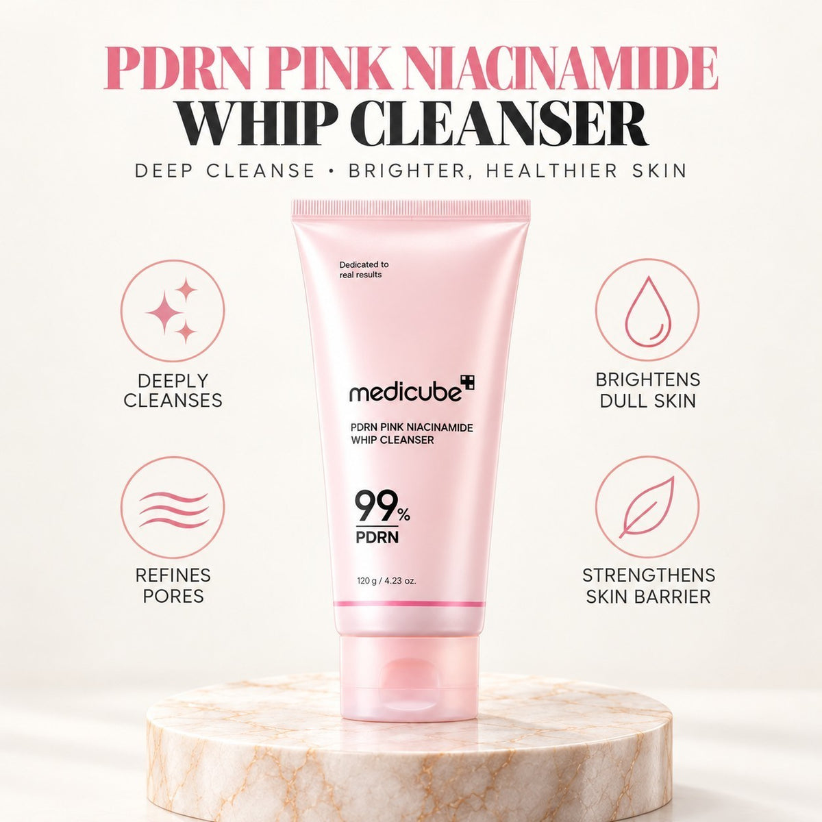 Medicube PDRN Pink Niacinamide Whip Cleanser - różowa tuba na marmurowym podeście, grafika producenta z czterema ikonami | Ellemania