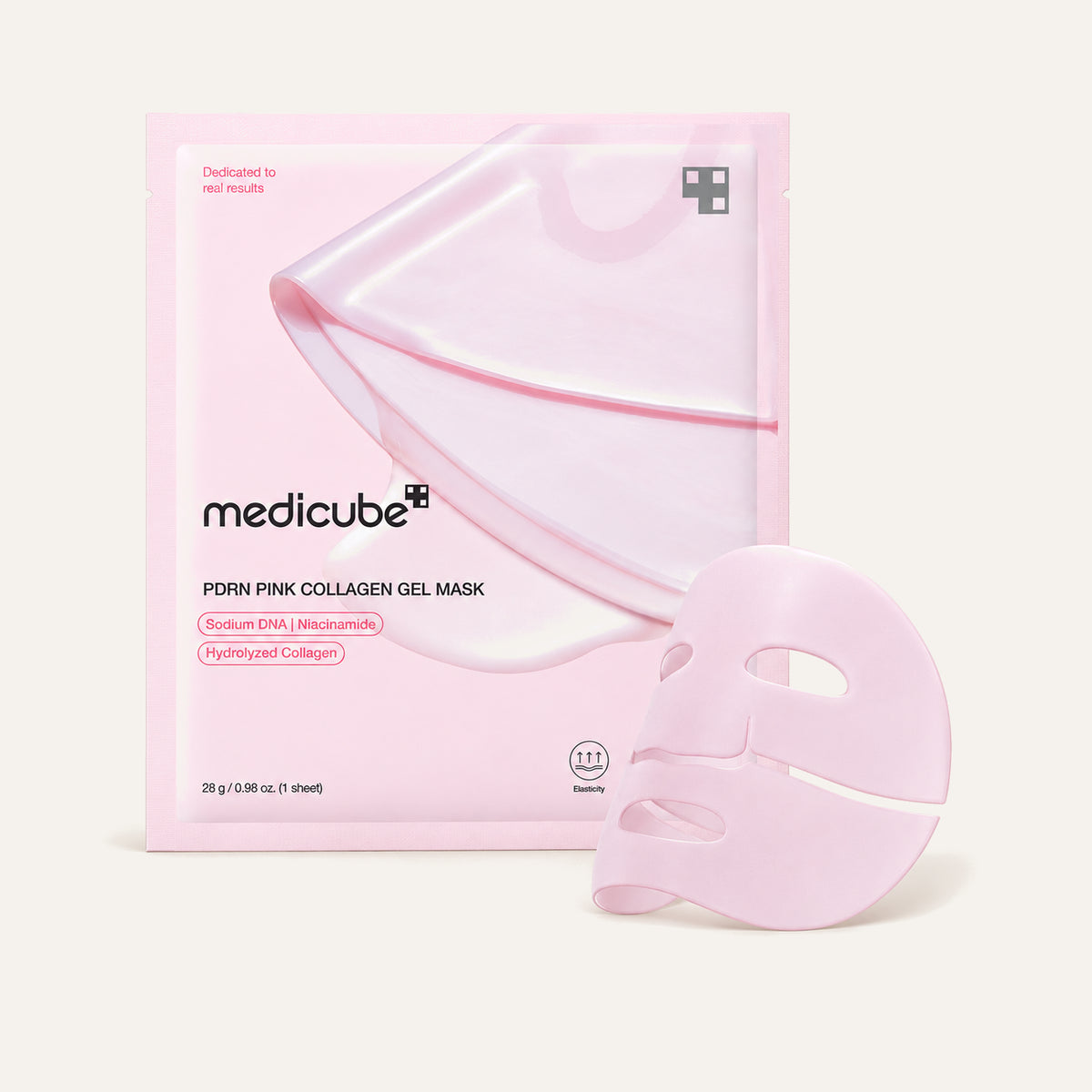 Medicube Salmon PDRN Pink Collagen Jelly Gel Mask 28 g, pink sachet, front view, and a two-piece gel mask | Ellemania