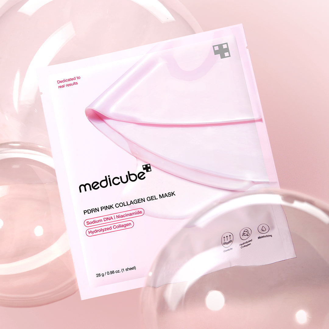 Medicube Salmon PDRN Pink Collagen Jelly Gel Mask - sachet against a background of gel bubbles | Ellemania