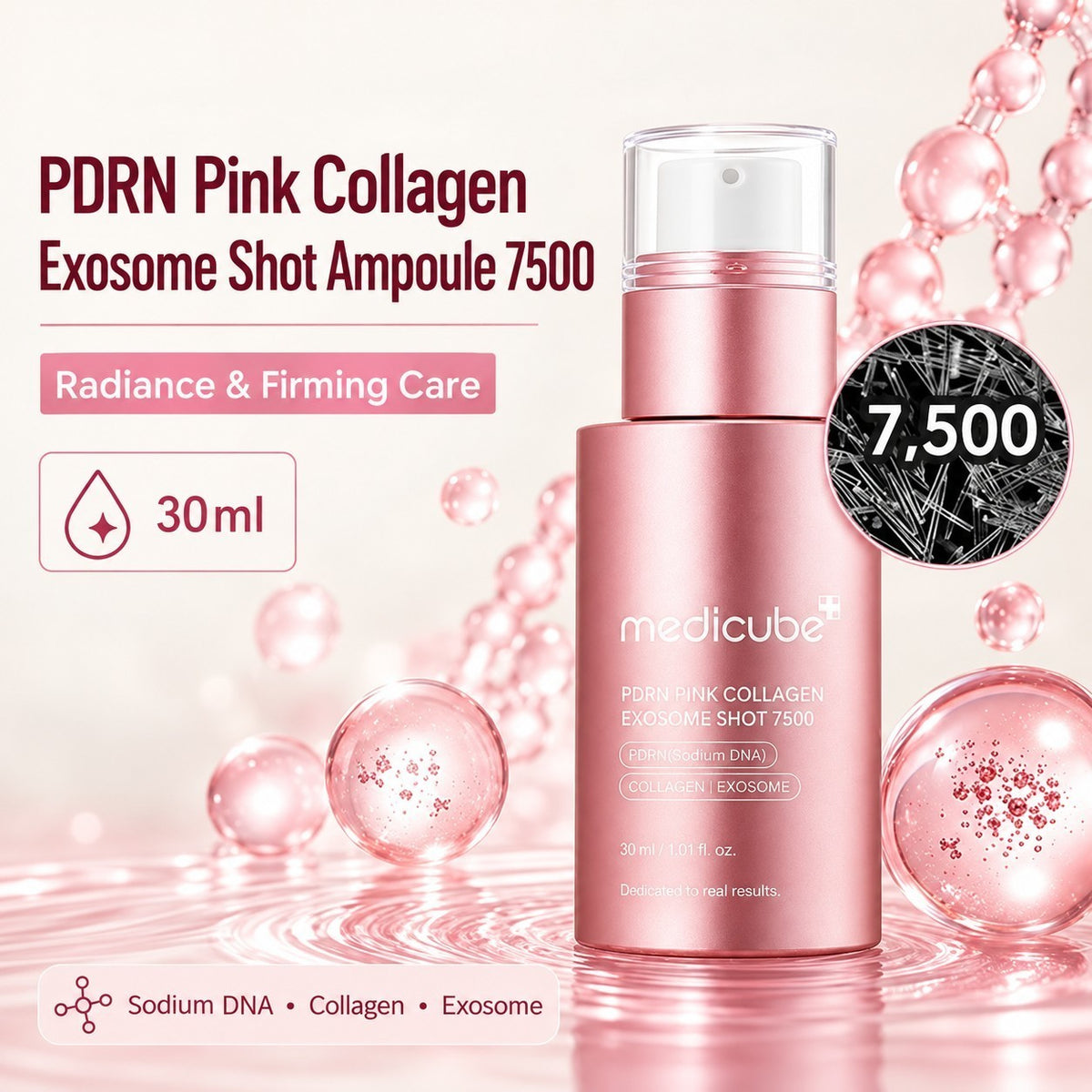 Medicube PDRN Pink Collagen Exosome Shot 7500 - grafika producenta, butelka z pompką wśród różowych kul i cząsteczek | Ellemania