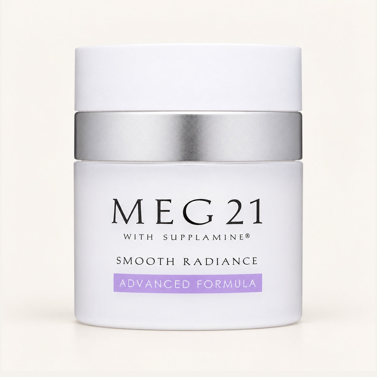 Meg 21 Smooth Radiance Advanced Formula 50 g - biały słoik z srebrną obręczą i fioletowym paskiem Advanced Formula, widok z przodu | Ellemania