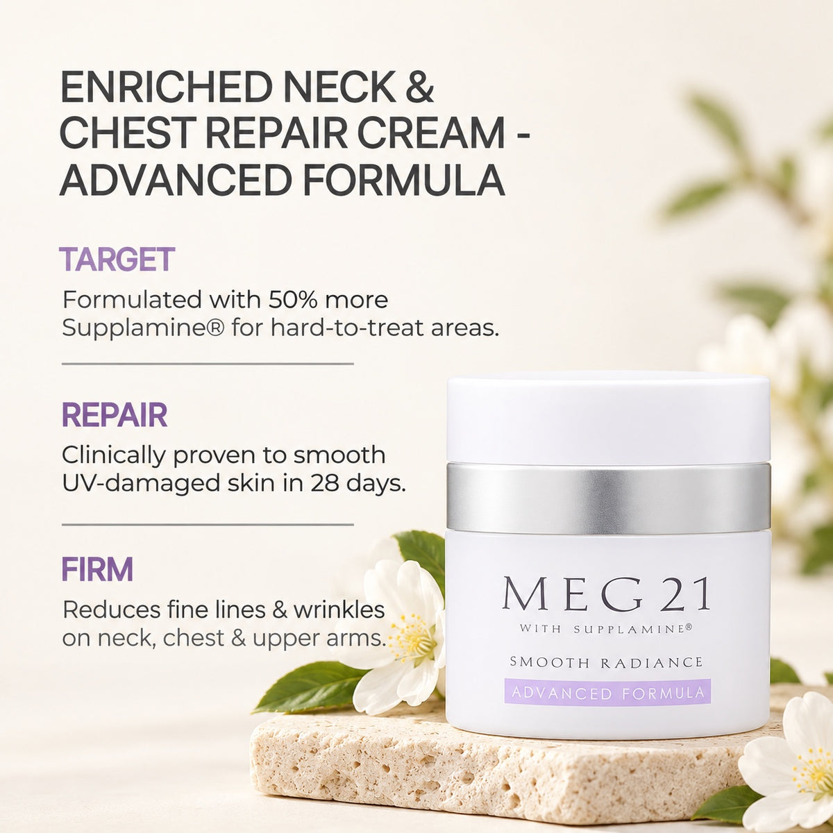 Meg 21 Smooth Radiance Advanced Formula 50 g - słoik na kamiennej podstawce wśród kwiatów, grafika z opisem | Ellemania
