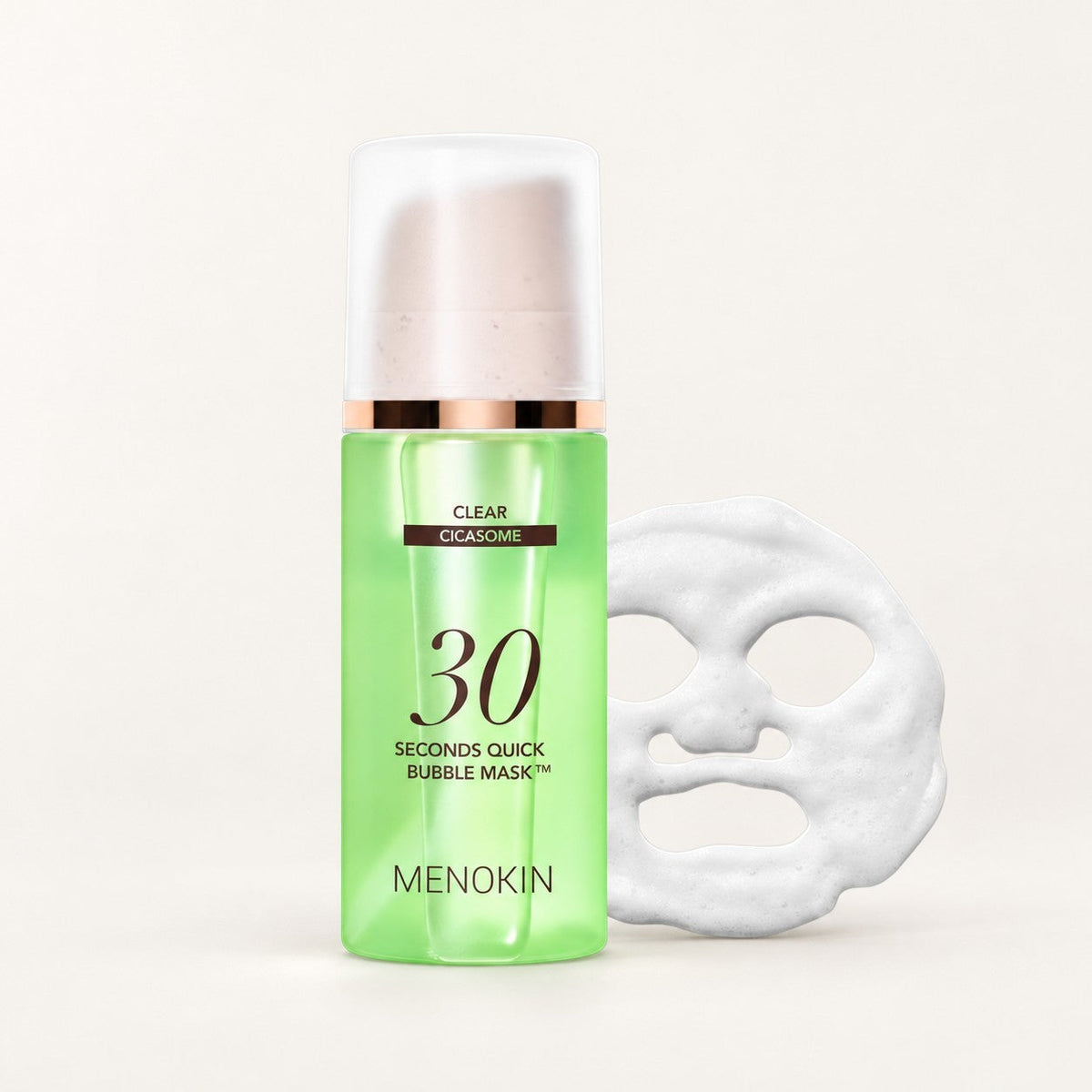 MENOKIN 30 Seconds Quick Bubble Mask Clear Cicasome - zielona butelka z pompką i maska z białej pianki obok | Ellemania