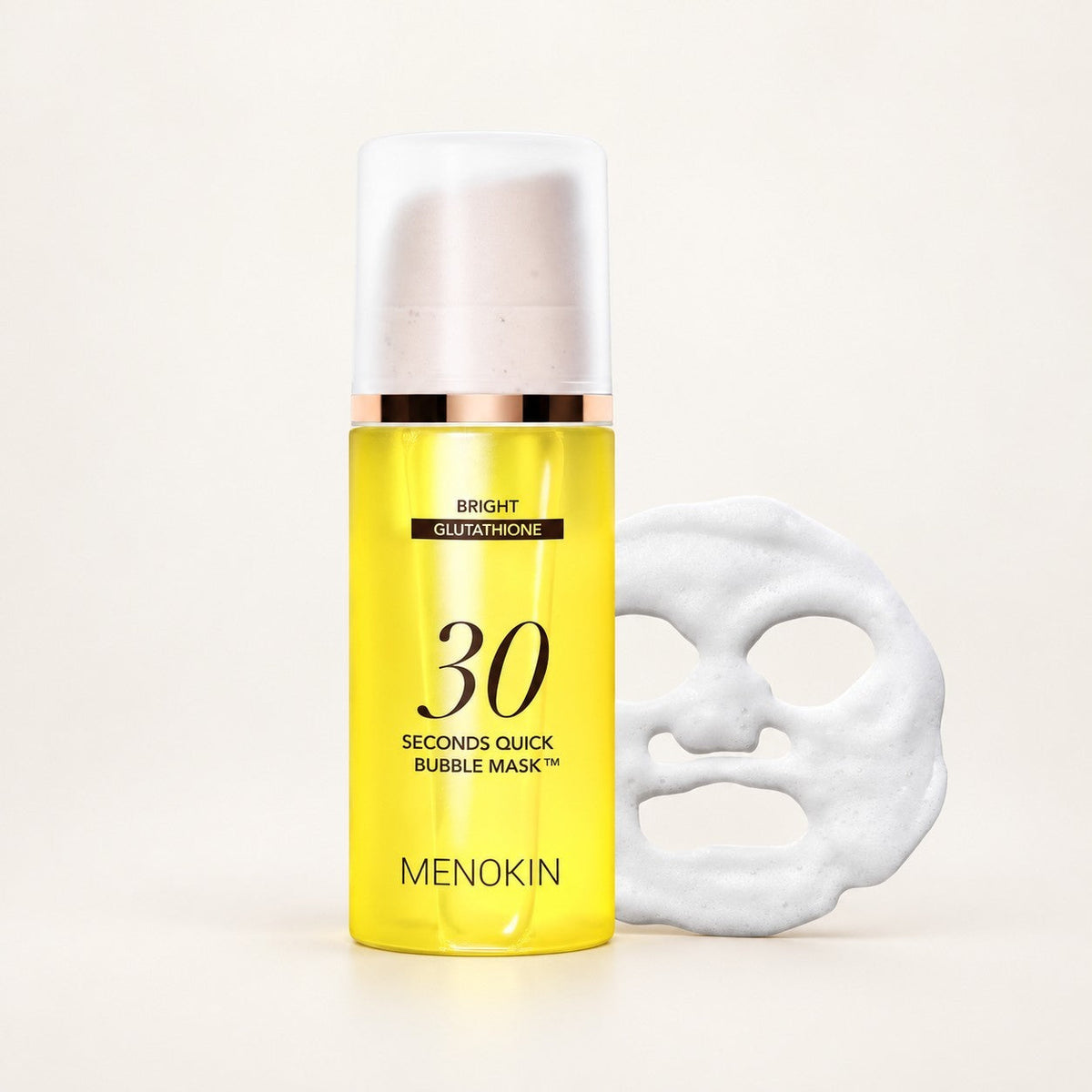 MENOKIN 30 Seconds Quick Bubble Mask Bright Glutathione - żółta butelka z pompką i maska z białej pianki obok | Ellemania