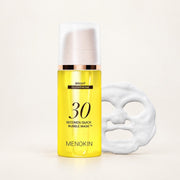 MENOKIN 30 Seconds Quick Bubble Mask Bright Glutathione - żółta butelka z pompką i maska z białej pianki obok | Ellemania