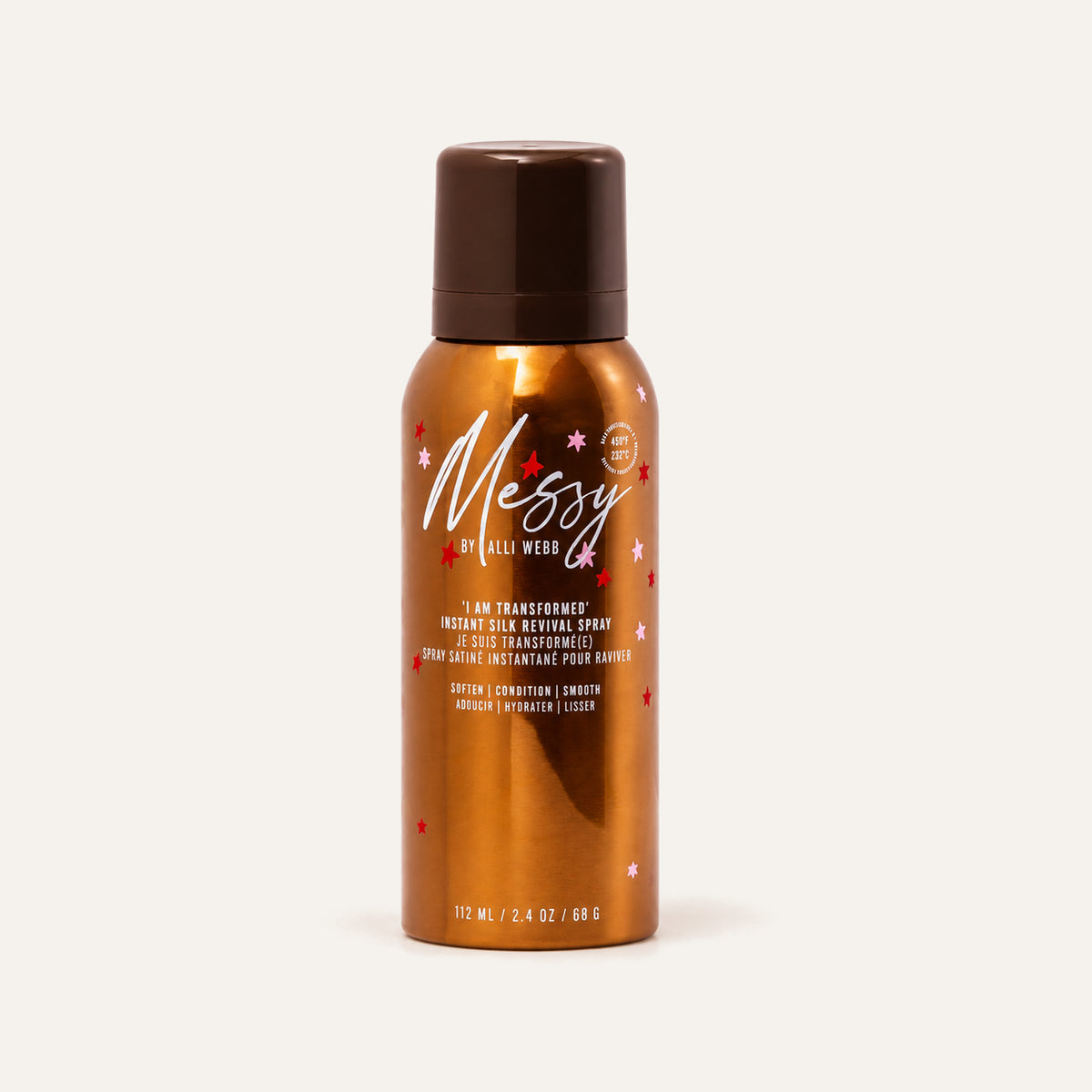 Messy By Alli Webb I Am Transformed Instant Silk Revival Treatment, copper bottle with a spray, front view | Ellemania
